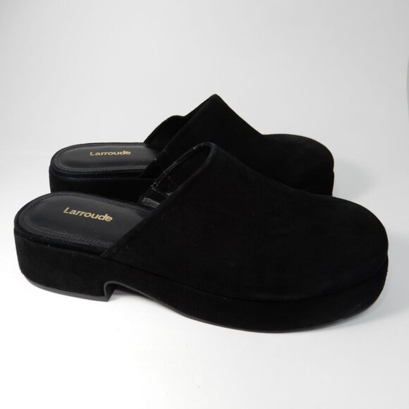 Larroude Miso Flatform Platform CLOGS Slip On Size 8.5 Black Suede Leather EUC - Picture 6 of 16